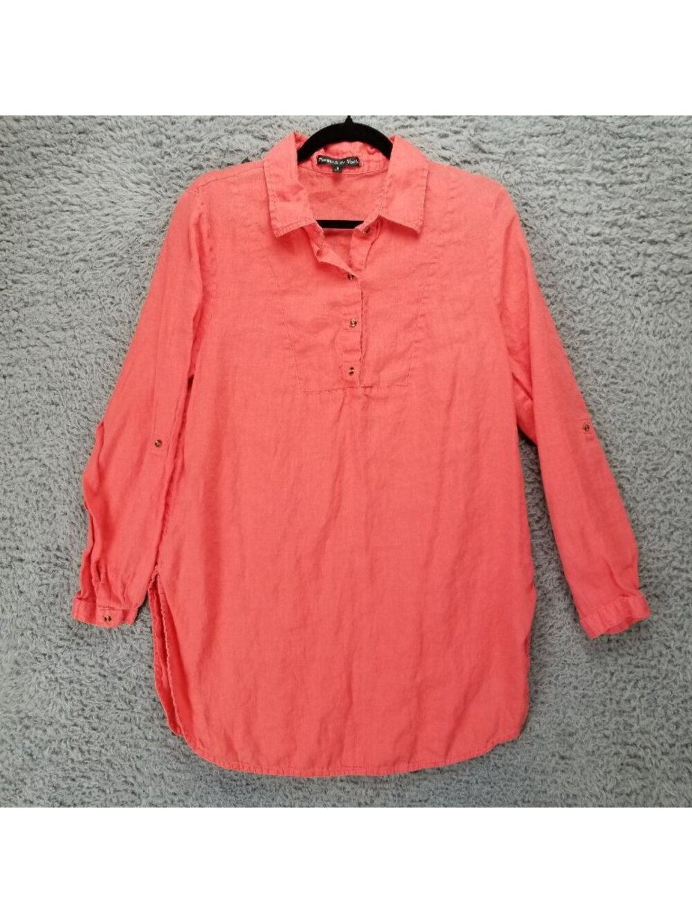 Preston & York Shirt Womens Medium Orange 100% Linen 3/4 Sleeve Roll Tab Blouse